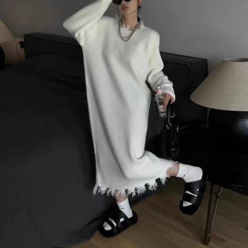Autumn and Winter New Loose and Thin Lazy Wind Sweater Women's Medium and Long Solid Color Pullover Knitted Dress