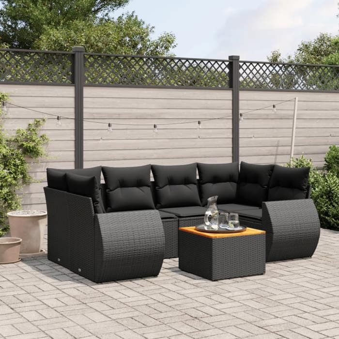 VidaXL Salon de Jardin avec Coussins 7 pcs, Canapés de Terrasse, Ensemble de Meubles de Patio, Mobilier d'Extérieur, Noir 3224900