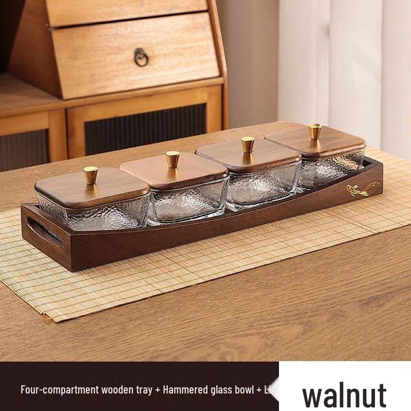 Luxury Glass Walnut Fruit & Snack Plate with Candy Compartments for Living Room Coffee Table
