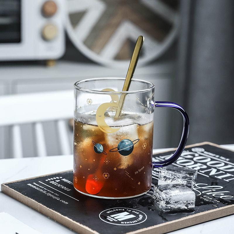 450ML Colour Glass mug Water cup Printing Starry Sky Coffee Mug with spoon lid Breakfast Milk Cup Children's Gift
