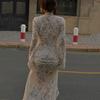 Autumn and Winter Women's New Sexy Lace Hollow Deep Neck Strap Split Slim Sleeve Long Sleeve Dress