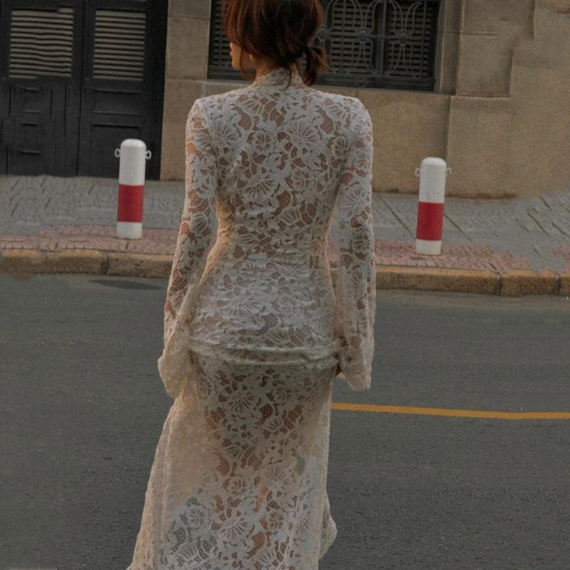 Autumn and Winter Women's New Sexy Lace Hollow Deep Neck Strap Split Slim Sleeve Long Sleeve Dress