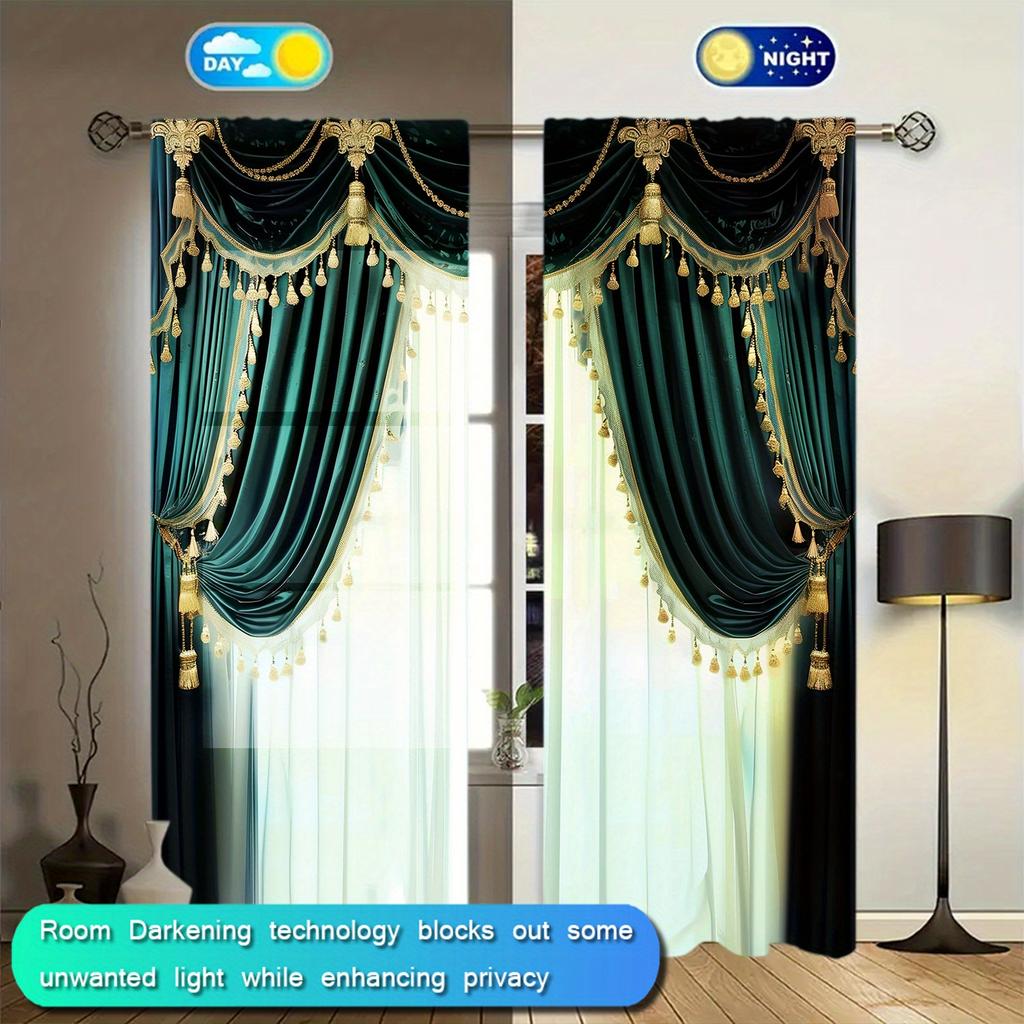 2pcs Green European Style Windows Curtain for Home Decor - Rod Pocket Window Treatment for Bedroom, Office, Kitchen, Living Room