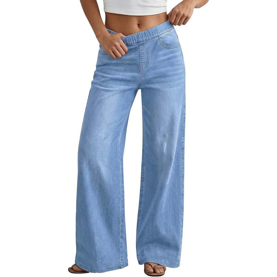 Women's High-Waisted Stretchy Wide-Leg Denim Pants, Washed, Loose Fit, Ideal for Sports and Outdoor Activities