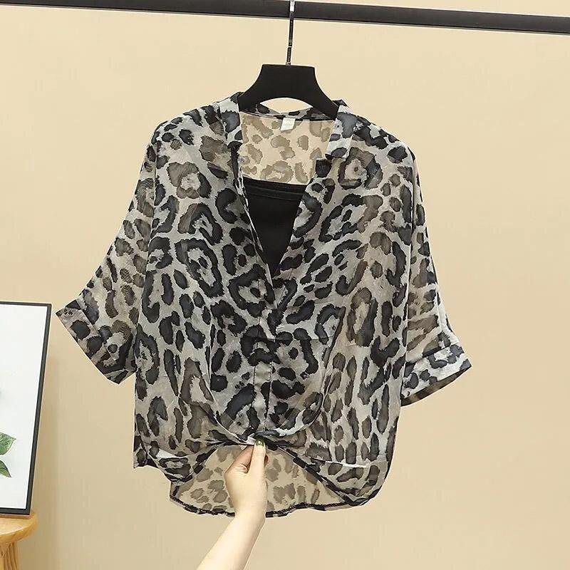 Shirt Women Two Piece Leopard Tops V Neck Summer Loose Versatile Large Size Pullover Shirt