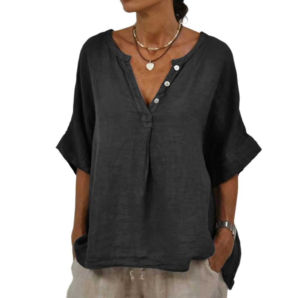 Women's  Color Casual Fashion Pullover With Mid Sleeve Cotton And Linen Top