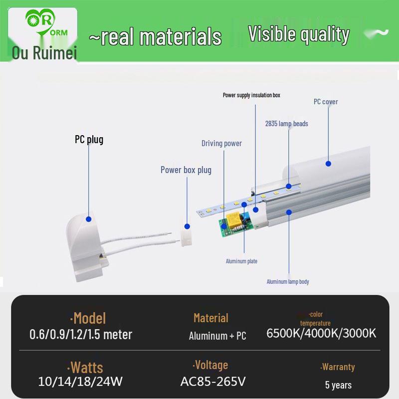 T8 LED Integrated Aluminum-Plastic Tube Super Bright Daylight Lamp for Home & Shopping Mall, Energy-Saving.