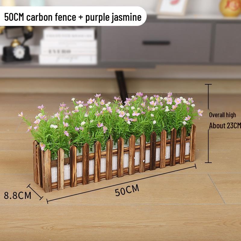 Silk Flower Pot with Wood Fence: Decorative Bonsai for Living Room or Office.