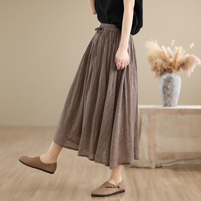 Real shot summer new literary and retro dark pattern printing double-layer skirt women's clothing