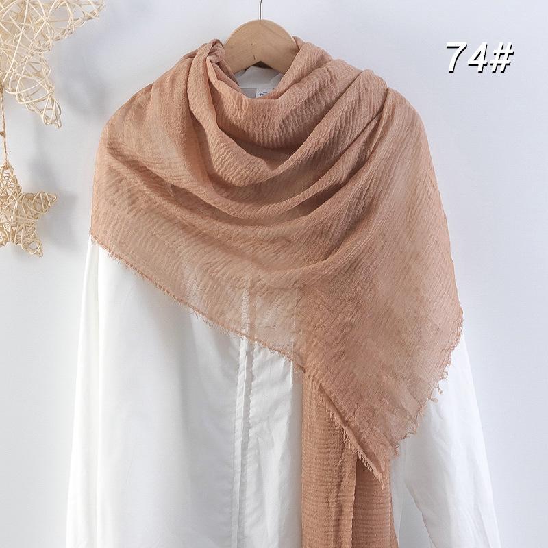 Crinkled Cotton-Linen Blend Scarf with Fringe - Solid Color, 90x180cm, Women's Headscarf