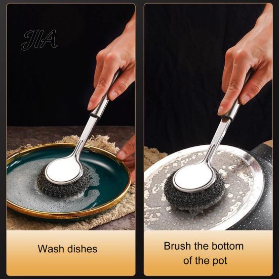 Non Scratch Wire Brush Stainless Steel Wool Scrubber with Long Handle, Deep Cleaning Heavy Kitchen Sink Duty Scrub Brush, Non-Scratch Pot Scouring