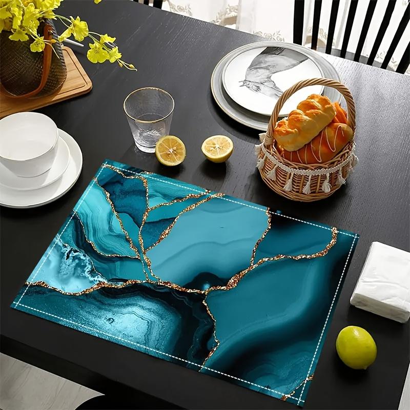 4/6pcs Marble Style Placemats 12x18 Inches, Heat Resistant Non-Slip Table Mats, Abstract Blue, Cyan, Turquoise and Golden, Suitable for Dining Decor,