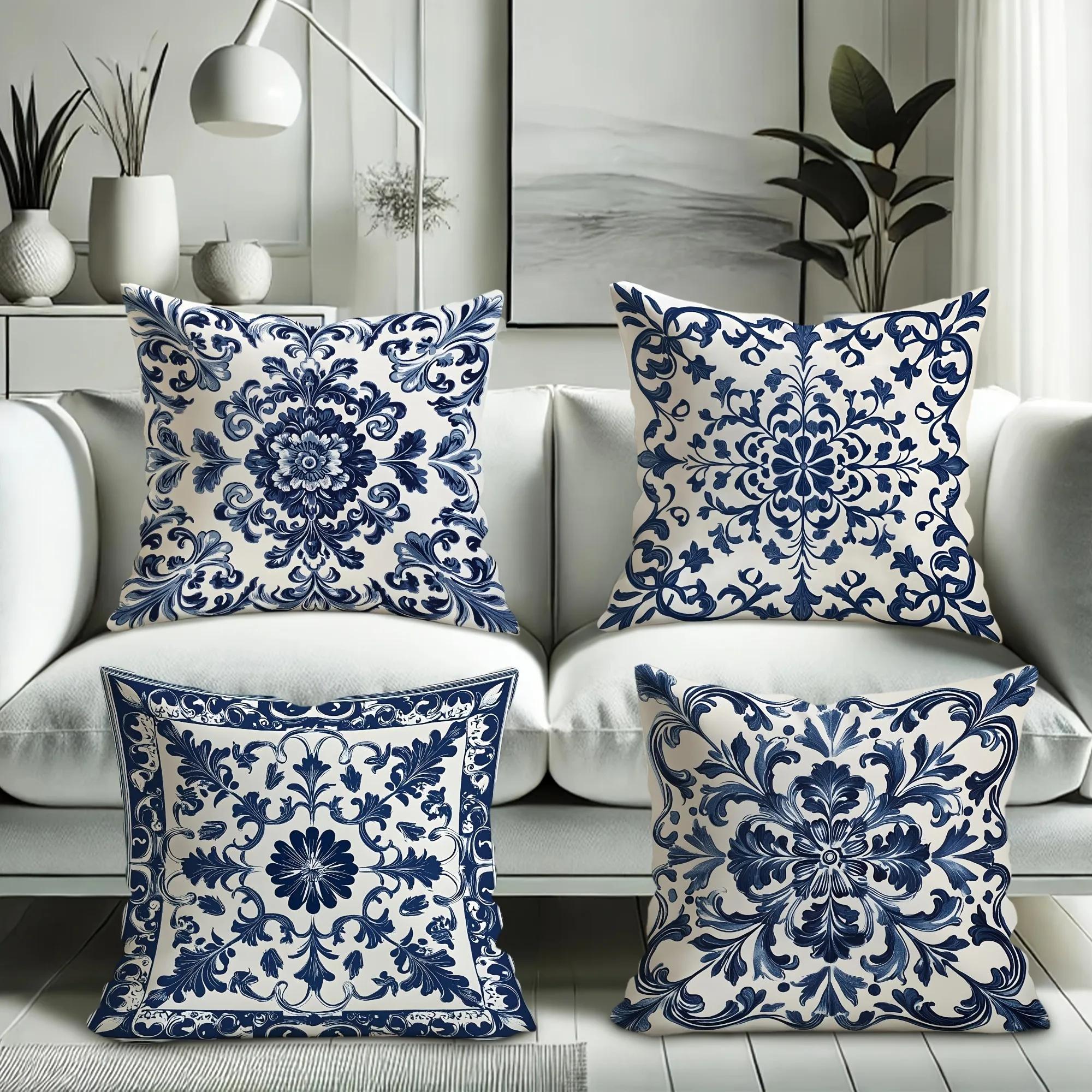Fine Glasses Unisex Blue/White 4Pc Bohemian And Floral Pillowcasesuitable For Sofa Car Bedroom Decorative Cushion Cover Pillow Cover
