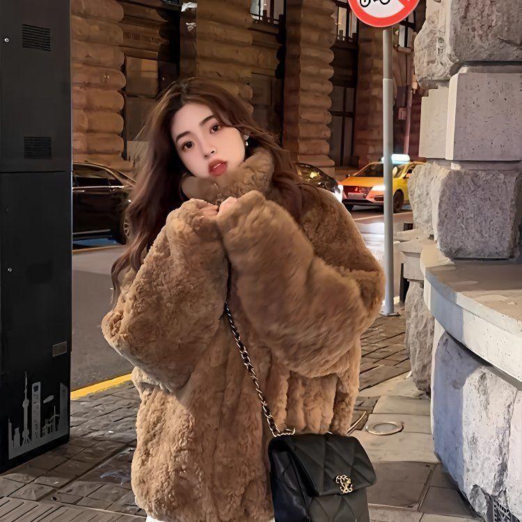 Fur stand-up collar thickened imitation lamb wool coat winter new coat retro simple temperament light