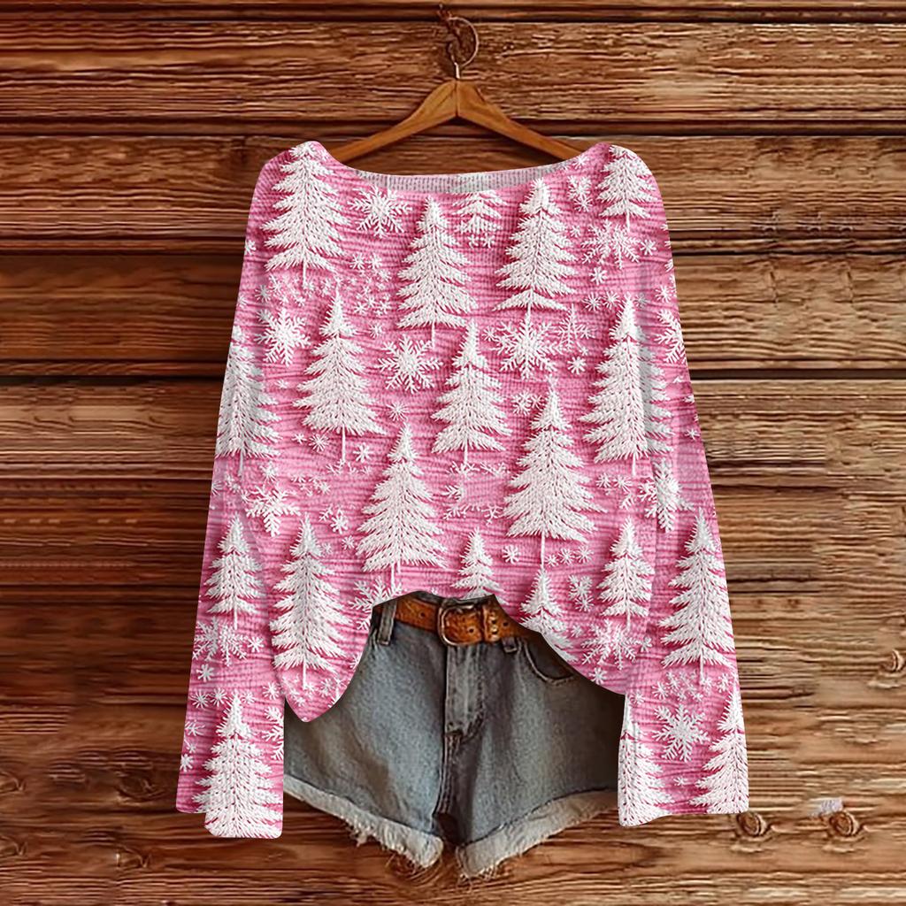 Ladies' Fashionable Casual Long Sleeved Christmas Printed Round Neck Knitted Yarn
