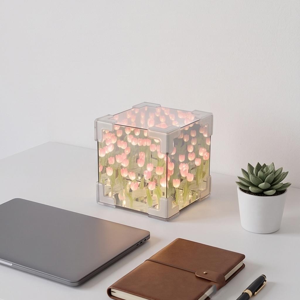 Transparent Acrylic Tulip Sea Table Lamp Aesthetic Mirror Cube Desktop Night Light for Bedroom Living Room Decor