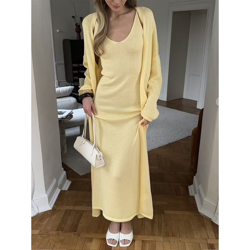 

Western Style New Knitted Sling Long dress + Cardigan Dress Set Knitted Dress Two-Piece Set Yellow Two-piece set M