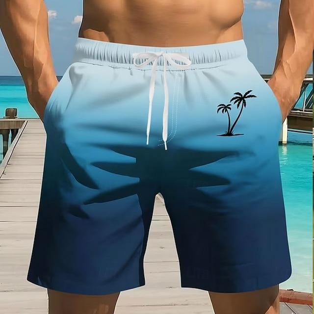 Men's Gradient Purple Palm Tree Print Beach Shorts Minimalist Tropical Graphic Quick Dry Swim Trunks Summer Swim Shorts