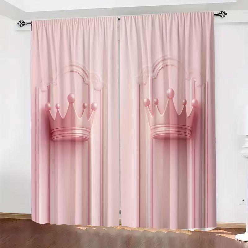 Set Of 2 Pink Crown Design Polyester Fabric Window Curtains Home Decor Curtain Made