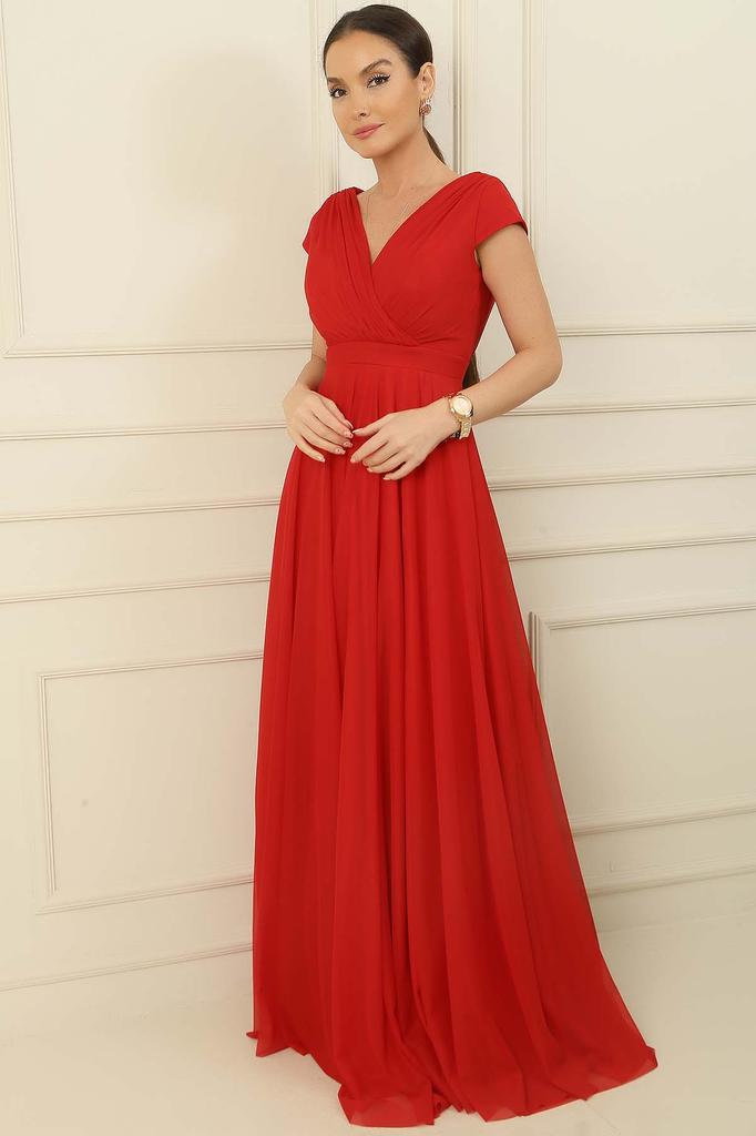 Double Breasted Neckline Sleeveless Full Circle Flare Lined Chiffon Tulle Long Dress