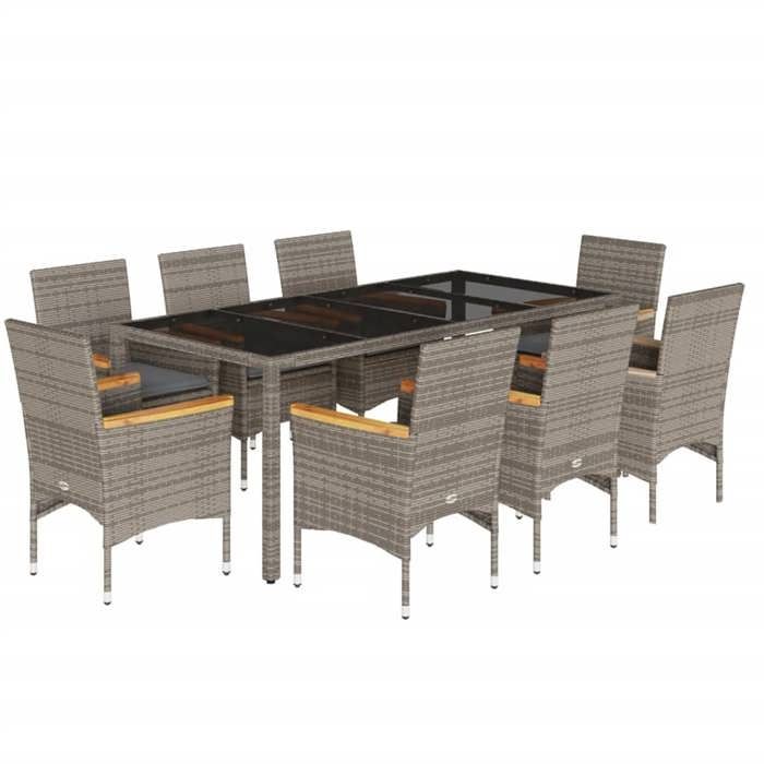 VidaXL Ensemble à manger de jardin et coussins 9 pcs gris rotin verre, ensemble de salle à manger d'extérieur, meuble de 3278656