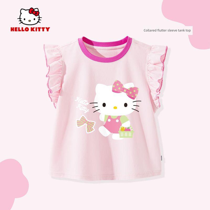Hello Kitty Girls' T-Shirt Summer 2025 New Pink Girls' Flutter Sleeve Top Pure Cotton Children's Summer Clothing