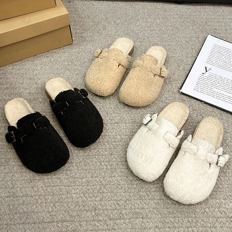 Fashion Fashion Retro Casual Thick Sole Warm Cotton Half Slippers for Women 2025 Winter New Comfortable Slip On Buckle Design Drag Shoes