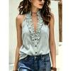 Women Ruffle Trim Halter Neck Top Sleeveless Button Down Casual Solid Color V Neck Blouse