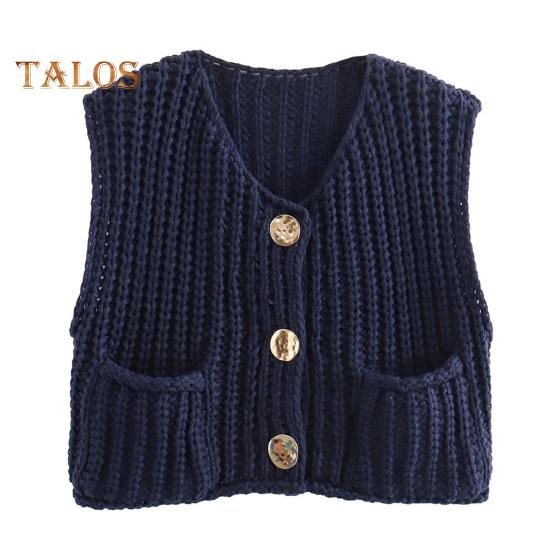 

Женский свитер-жилет с V-образным вырезом, без рукавов, на пуговицах, кардиган с карманами, однотонный, свободный крой, вязаный крючком топ M темно-синий