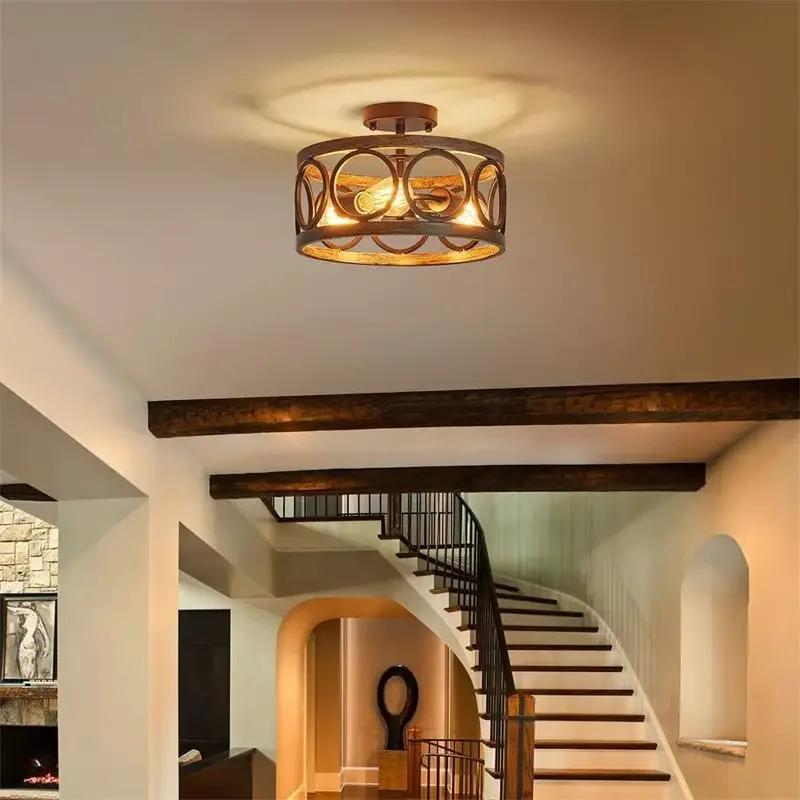 Industrial Retro Circular Pendant Chandelier Lighting Farmhouse Iron Art Wood Grain For Restaurant Home Bedroom Ceiling Light