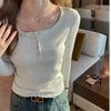 Ribbed Button Long Sleeve Base Layer Women Inner Wear Design Structured Shoulder T Shirt Premium Can Be Outer Wear Autumn Winter Top