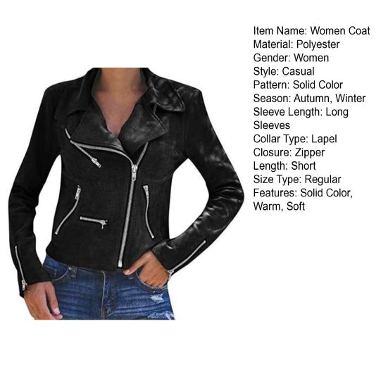 Women Fall Winter Jacket Zipper Closure Lapel Collar Regular Fit Solid Color Casual Shot Coat Long Sleeves Top Windbreaker