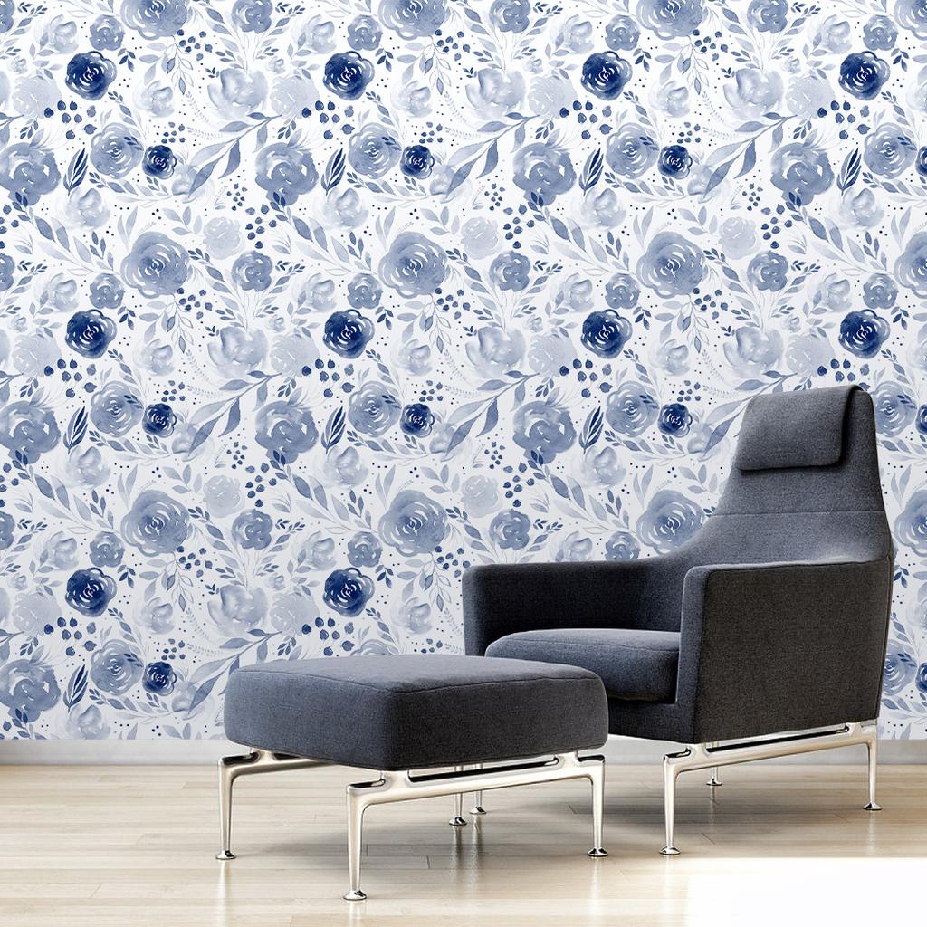 Blue Watercolor Floral Background Removable Wallpaper(45cm*300cm)