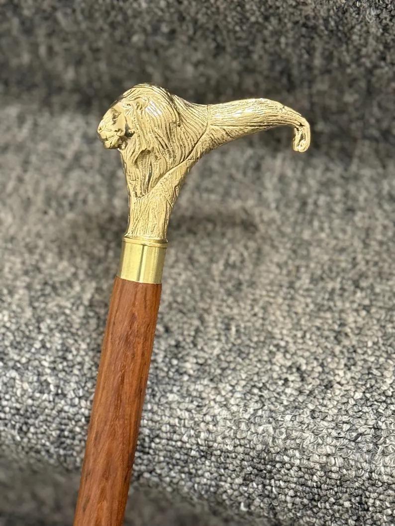 

Walking Cane for Men & Women Wooden Walking Stick Brass Lion Head Walking Cane 37 inch золотой/коричневый