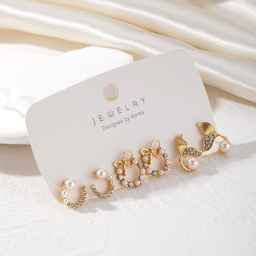 2023 Mermaid Tail Bow Deluxe Card Holder Earrings 3 Pcs White Crystal Elegant Earrings Diamond Love Pearl Girl Cute Earrings Set Decoration Gift
