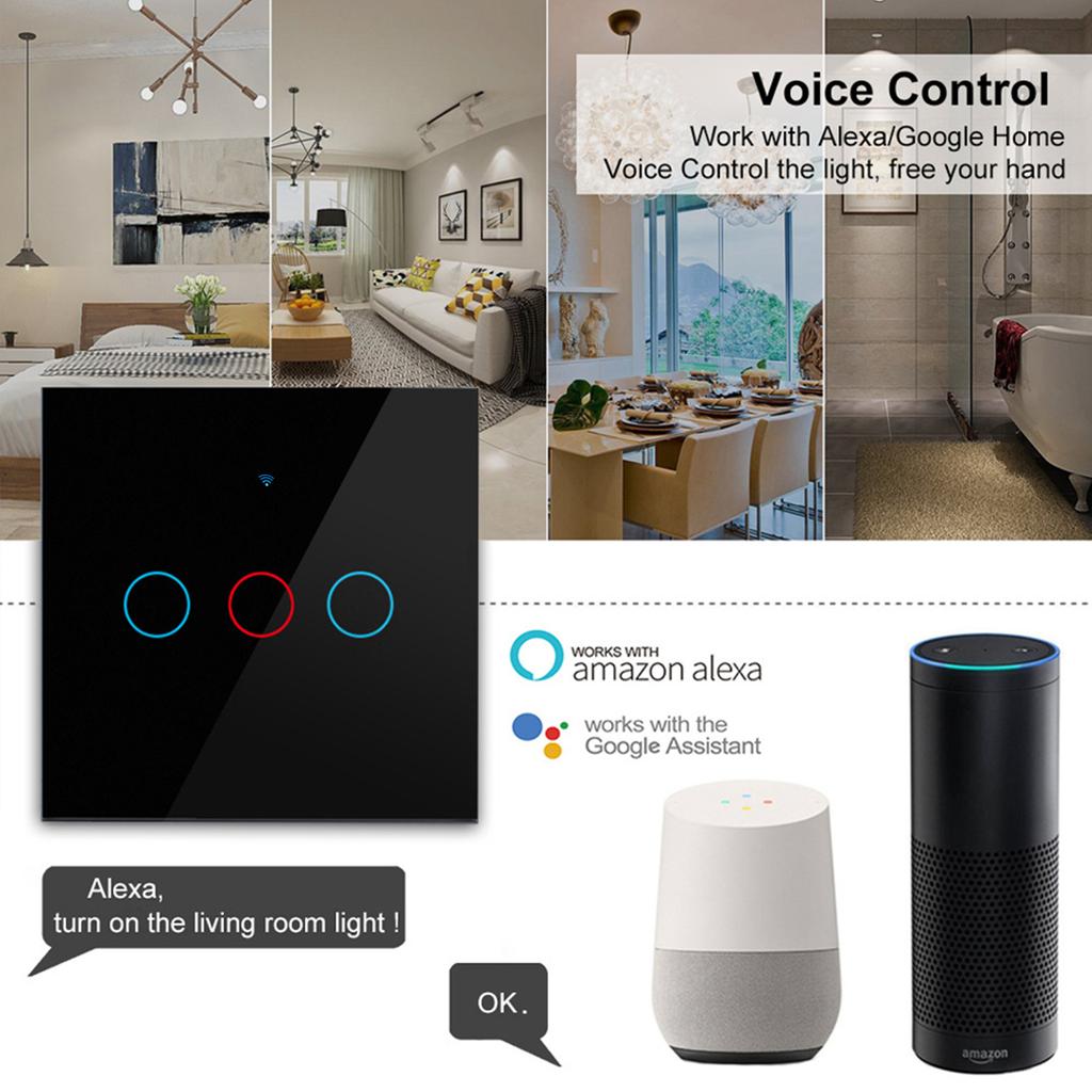 WiFi EU Light Wall Touch Switch 220V No Need Neutral Wire Tuya Smart Life Work with Alexa Google Home 1/2/3Gang