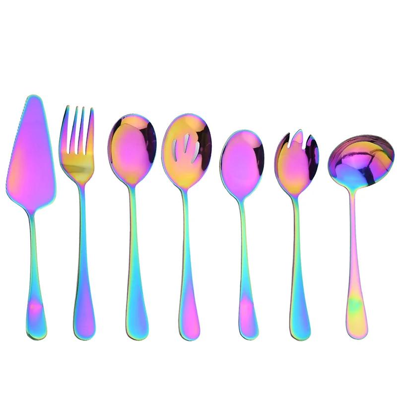 7Pcs Cutlery Set Stainless Steel Dinnerware Set Soup Spoon Colander Service Spoon Salad Fork Cake Spatula Kitchen Home Tableware