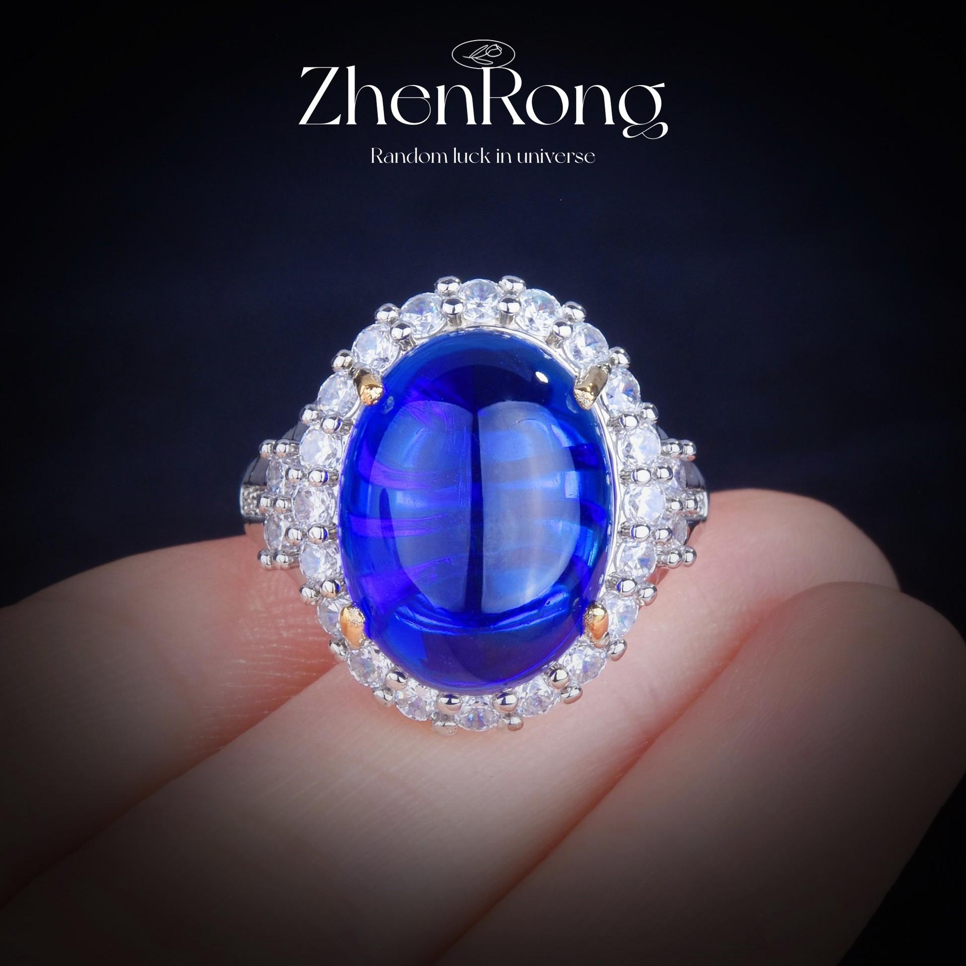 Fashion Luxury Big Dove Egg Ring Synthetic Royal Sapphire Blue Starlight Blue Spinel High Carbon Diamond Women S Ring