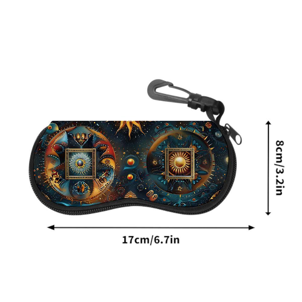 2D-Mystical Celestial Sun Moon Pattern Zipper Sunglasses Case, Protective Eyewear Container for Travel, Vintage Astrology Themed Portable Eyeglasses H