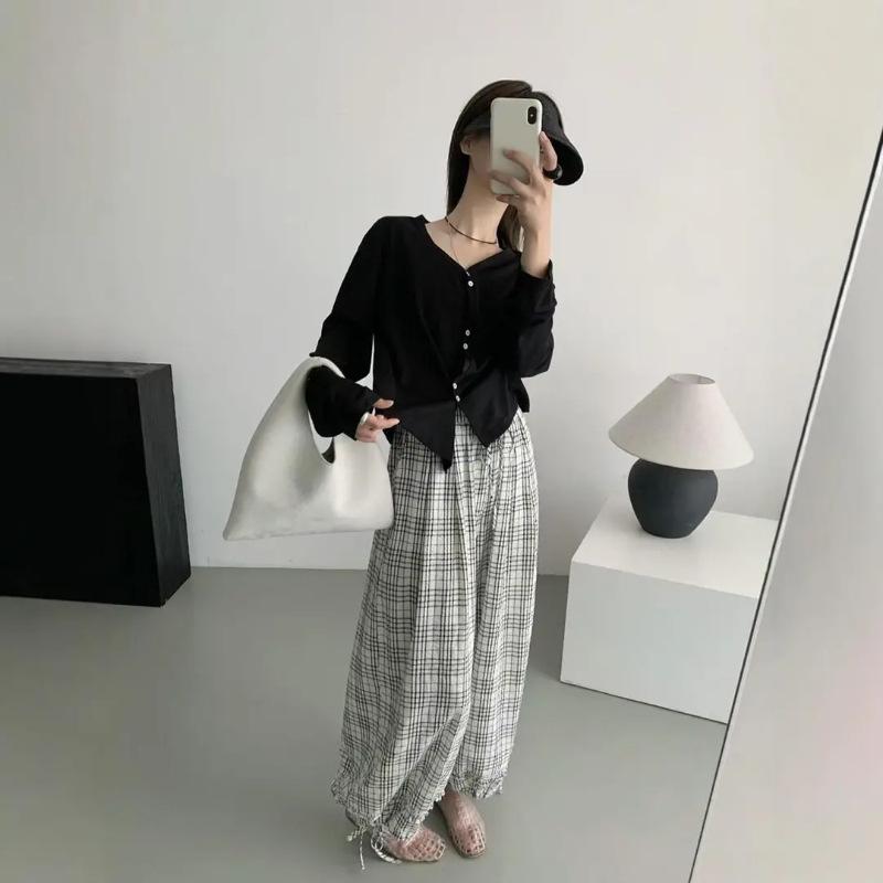 American retro spring and autumn new lazy high street loose graffiti print plaid daily casual wide-leg trousers