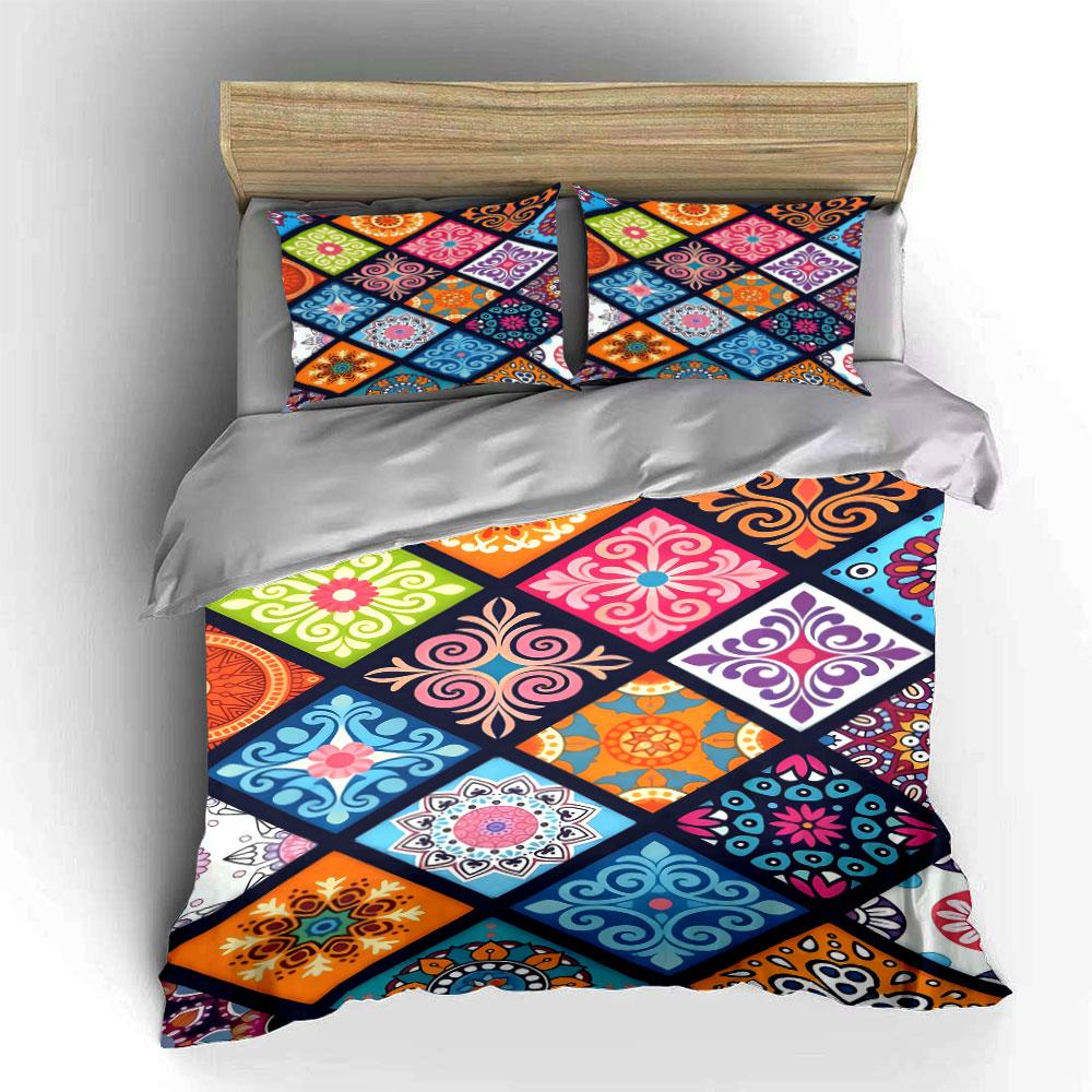 Colorful geometric floral tiles. Bedding sets Duvet cover sets Duvet covers Pillowcases(1 * Duvet Cover 2 * Pillowcases without duvet insert)