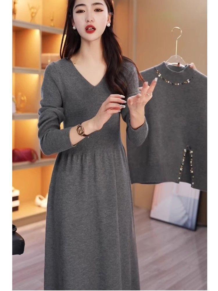 Beaded Knitted Two-Piece Mid-Length Dress - 2025 Autumn/Winter Korean Style