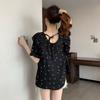Bow Print Loose Top Women's Summer New Pleated Short Sleeved Shirt Korean Series