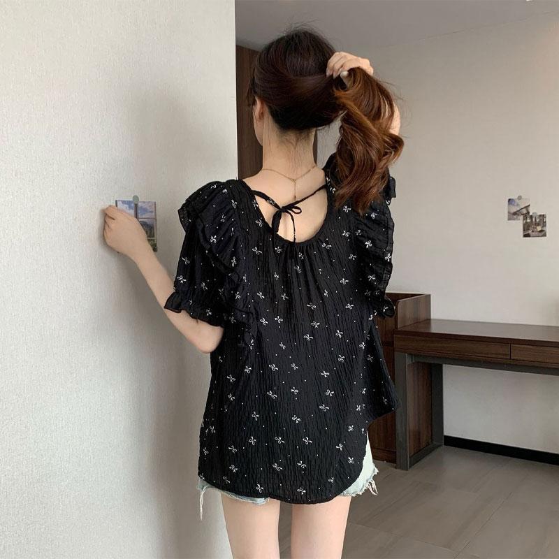 Bow Print Loose Top Women's Summer New Pleated Short Sleeved Shirt Korean Series