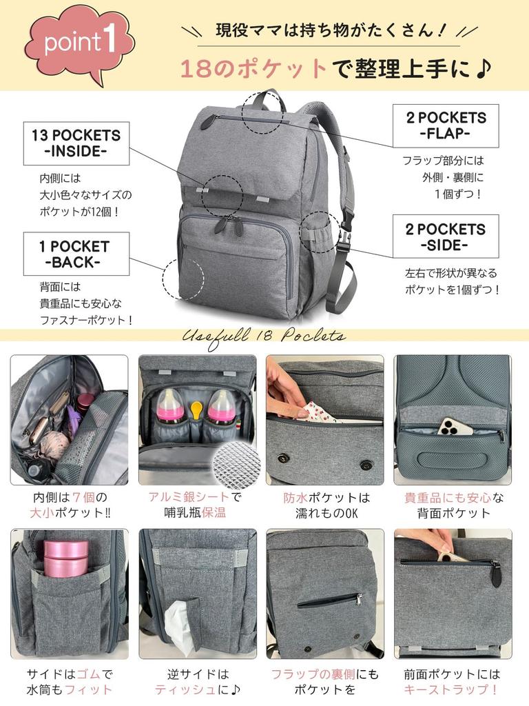 Encore Mother's Backpack, Supervised by Storage Professionals [22 Design Features, 18 Pockets, 7cm Expandable Space, Anti-Slip Buckle]