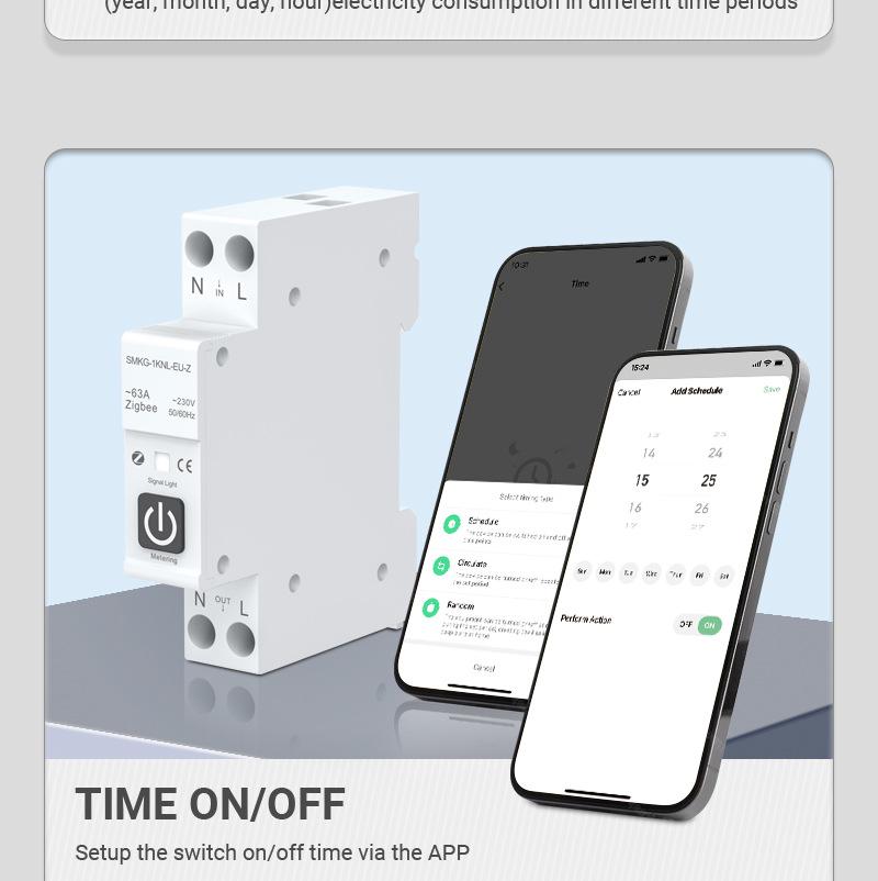 ZigBee Tuya Smart Circuit Breaker with Remote Control, Timer, Metering, Overcurrent and Overvoltage Protection, and Alarm.