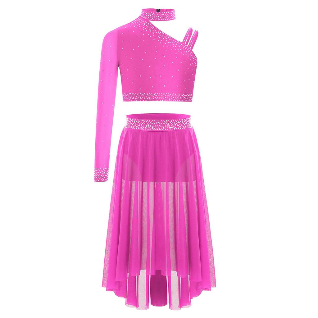 Complete Lyrical Performance Outfit for Girls Unique Shoulder Design Crop Top & Flowy Irregular Hem Mesh Skirt Set