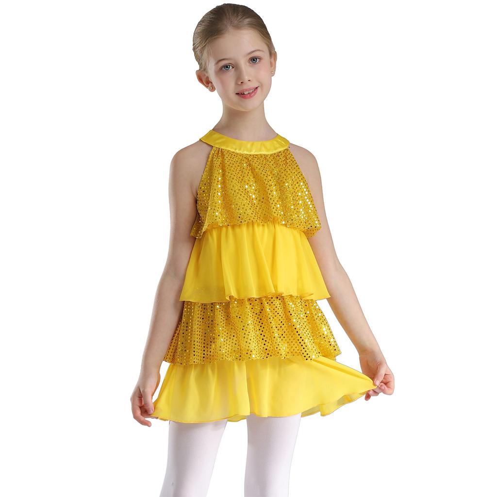 Gestuftes Rüschen-Mädchen-Tanzkleid Glänzende Pailletten Patchwork A-Linie Ärmellos Aufführungskostüm