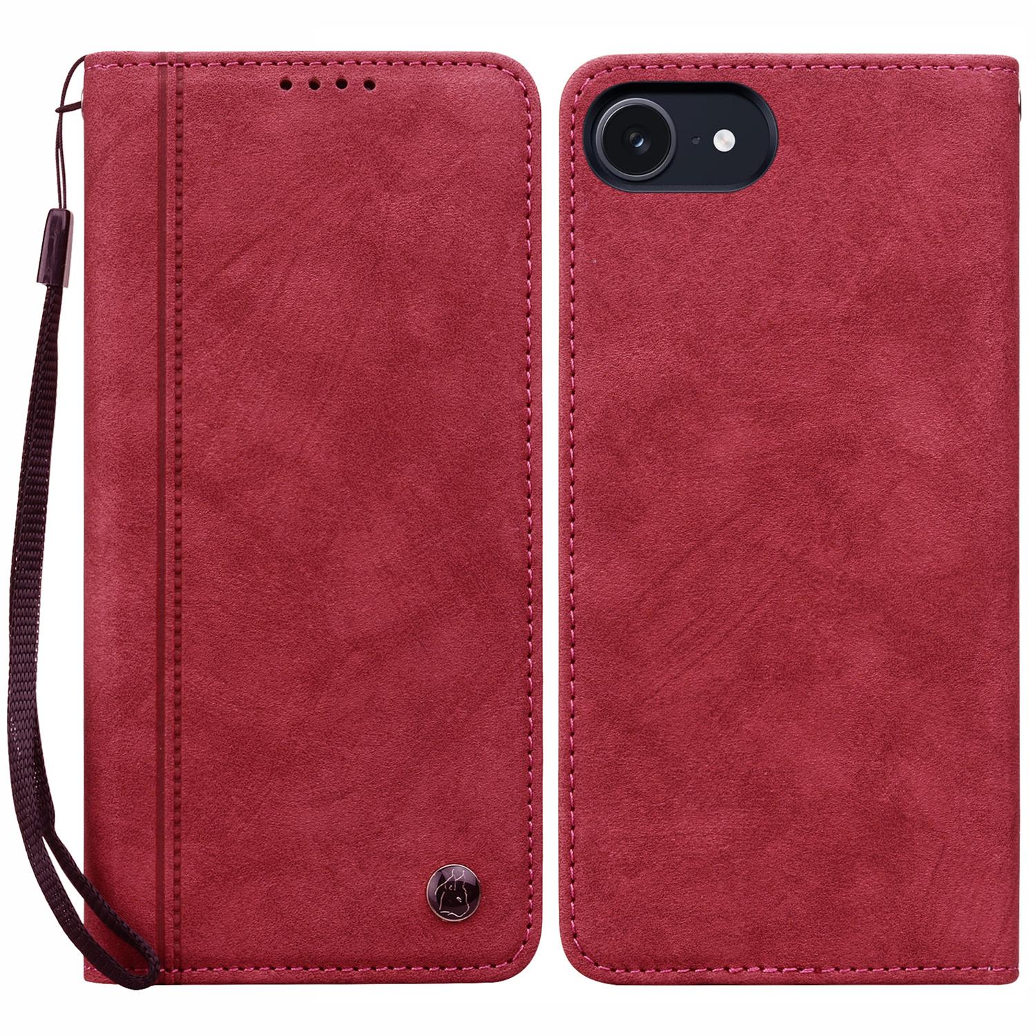 

For iPhone 16e Case Lines Pattern Wallet Leather Phone Cover with Strap Red