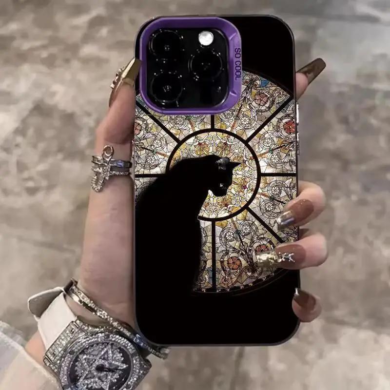 Luxus Schloss Schwarze Katze Handyhülle für IPhone 16 15 14 13 12 11 Pro Max XR X XS 14 15 7 8 Plus Sturzsicher Matt Laser Rückseite